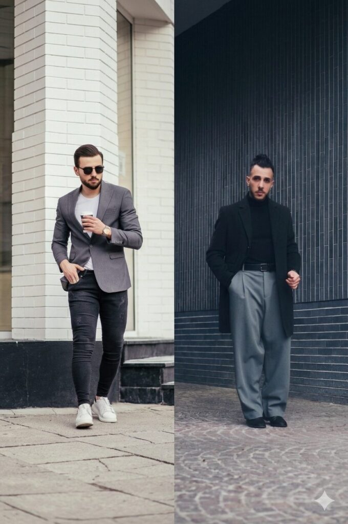 黒のスキニーパンツとグレーのワイドパンツを着用した男性の比較画像