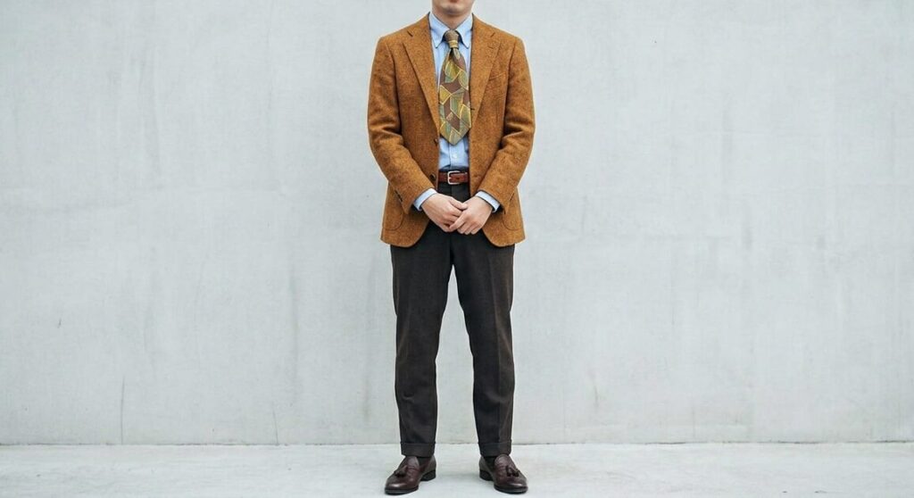 コーディネートは良いがネクタイのサイズ感があっていなく、残念なコーデ