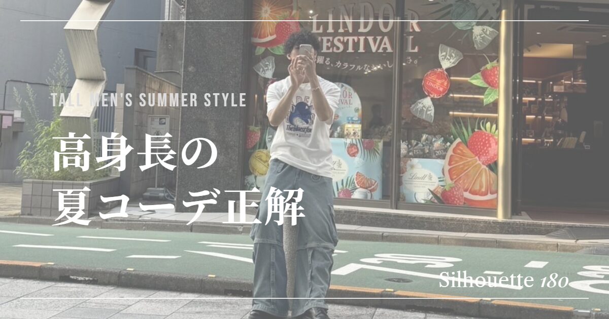 高身長の夏のスタイリング 半袖とワイドパンツ、革靴